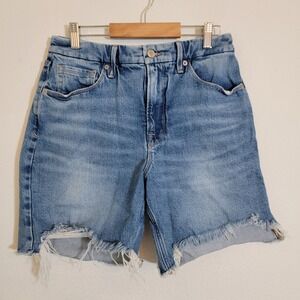 GOOD AMERICAN High Rise Denim Cut Off Short Indigo Sz 6 Distressed Fray Hem
